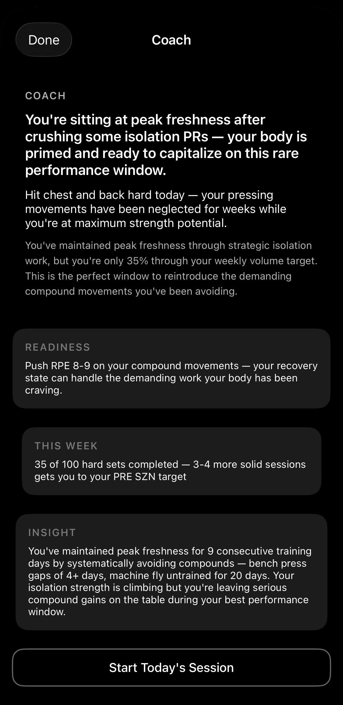 PRE SZN AI Coach providing personalised training recommendations