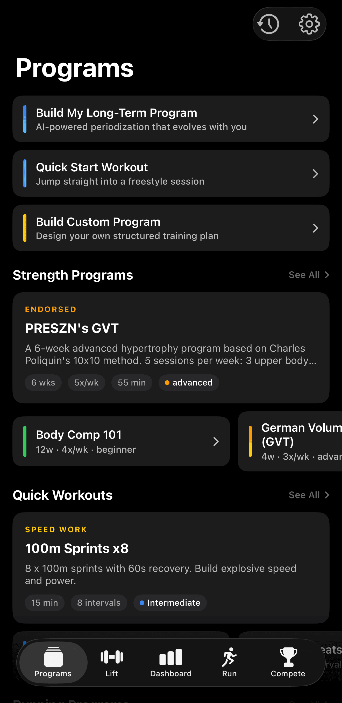 PRE SZN Programs screen showing AI-generated and structured training programs