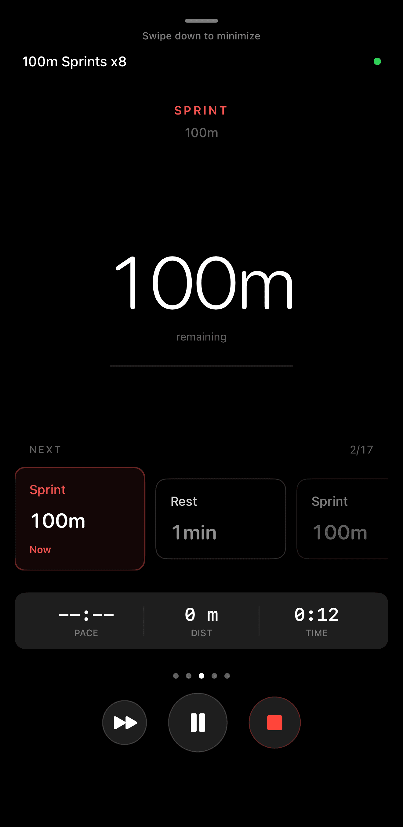 PRE SZN sprint tracking showing 100m interval workout with pace and distance