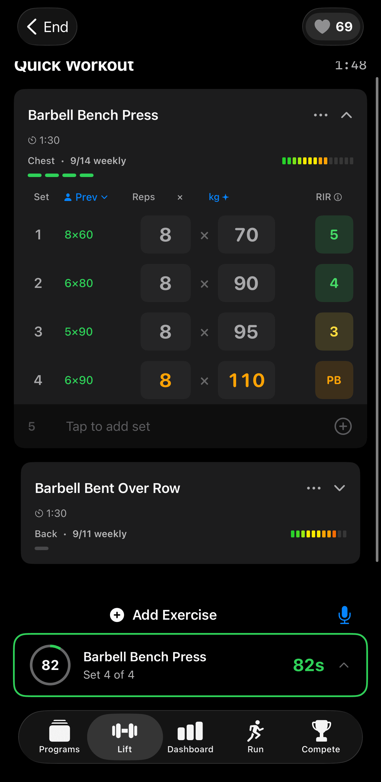 PRE SZN active workout screen tracking barbell bench press with PB indicator